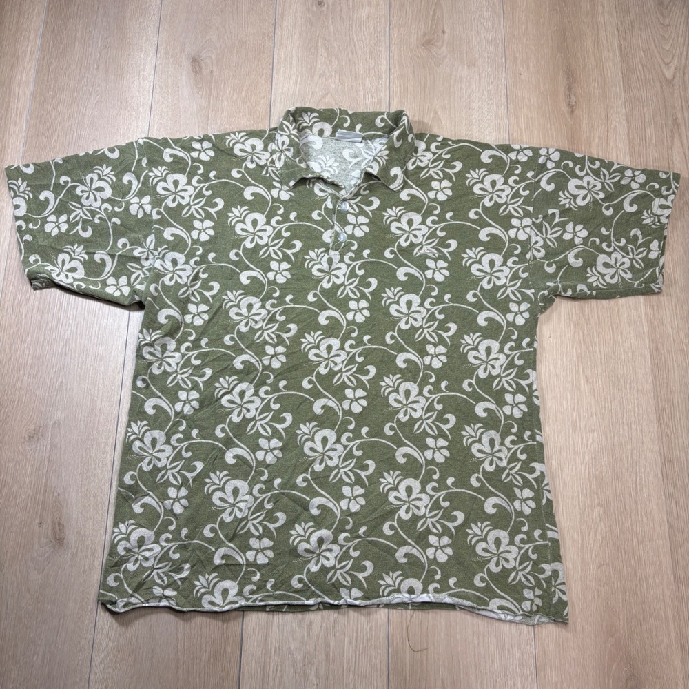 Quiksilver 90s Olive Green Hibiscus Floral Pique Polo Shirt Short Sleeve Large